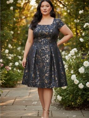 Donna Ricco Navy and Gold Floral Jacquard A-Line Midi Dress